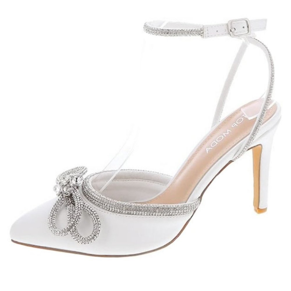 New White Rhinestone Bow Ankle Strap Pointed Toe Heels Pumps